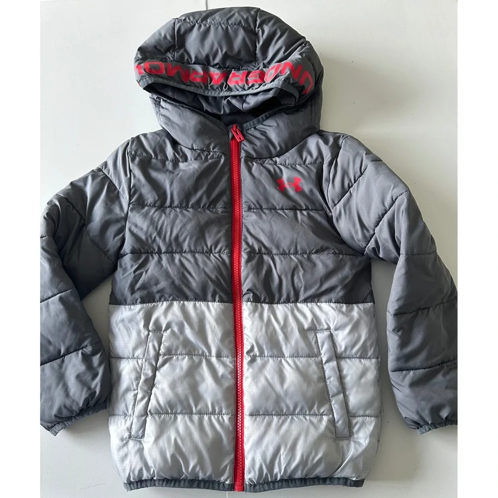 Under Armour Kids Gray Silver Colorblock Puffer Jacket Size 7 Full Zip Hooded